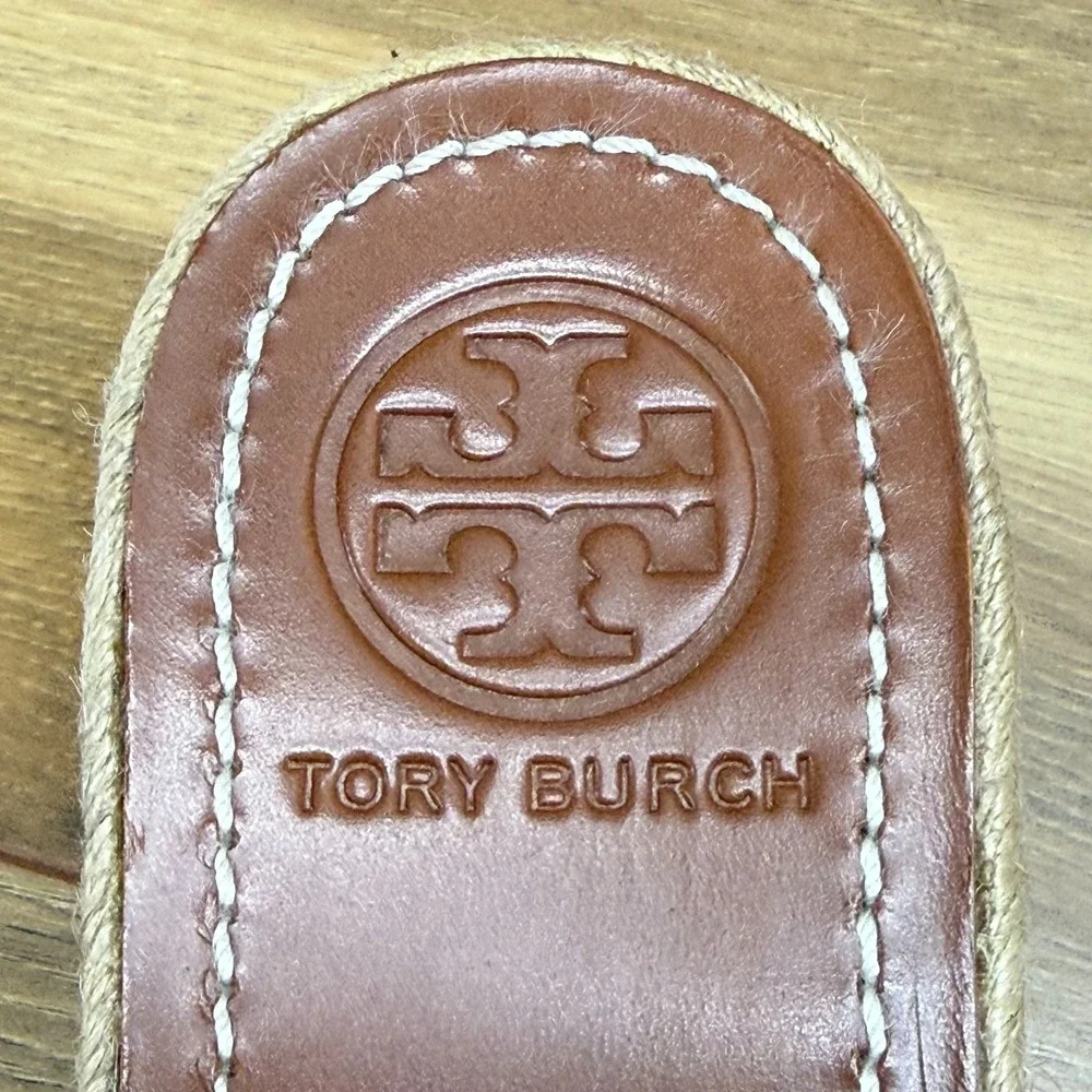 Tory Burch Thatched Perf Wedge Sandals 6.5 Gold Espadrilles Slides